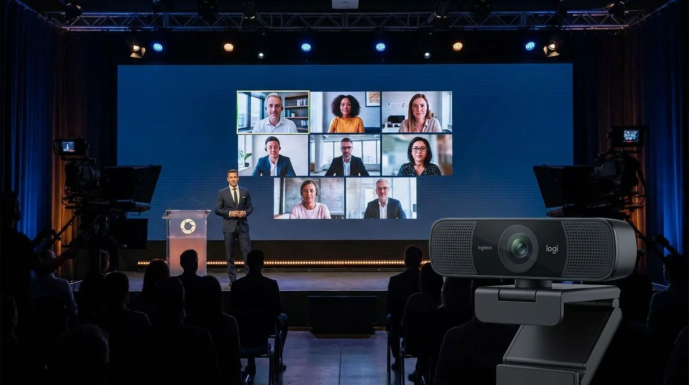 Professional event stage with presenter, live video conference tiles on the rear screen, and webcam in the foreground