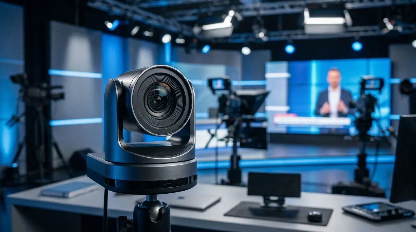Professional broadcast camera in the foreground, illuminated webcast studio with presenter in the background