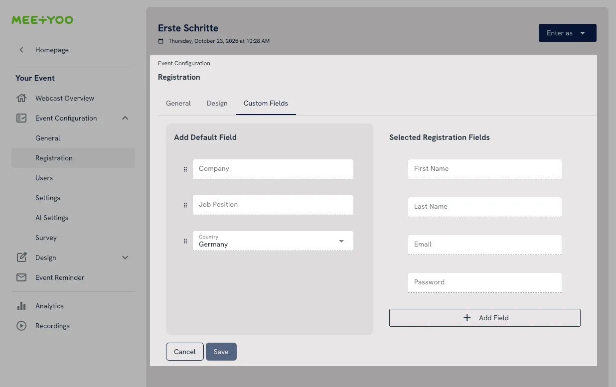 Meetyoo Show: Configure registration page