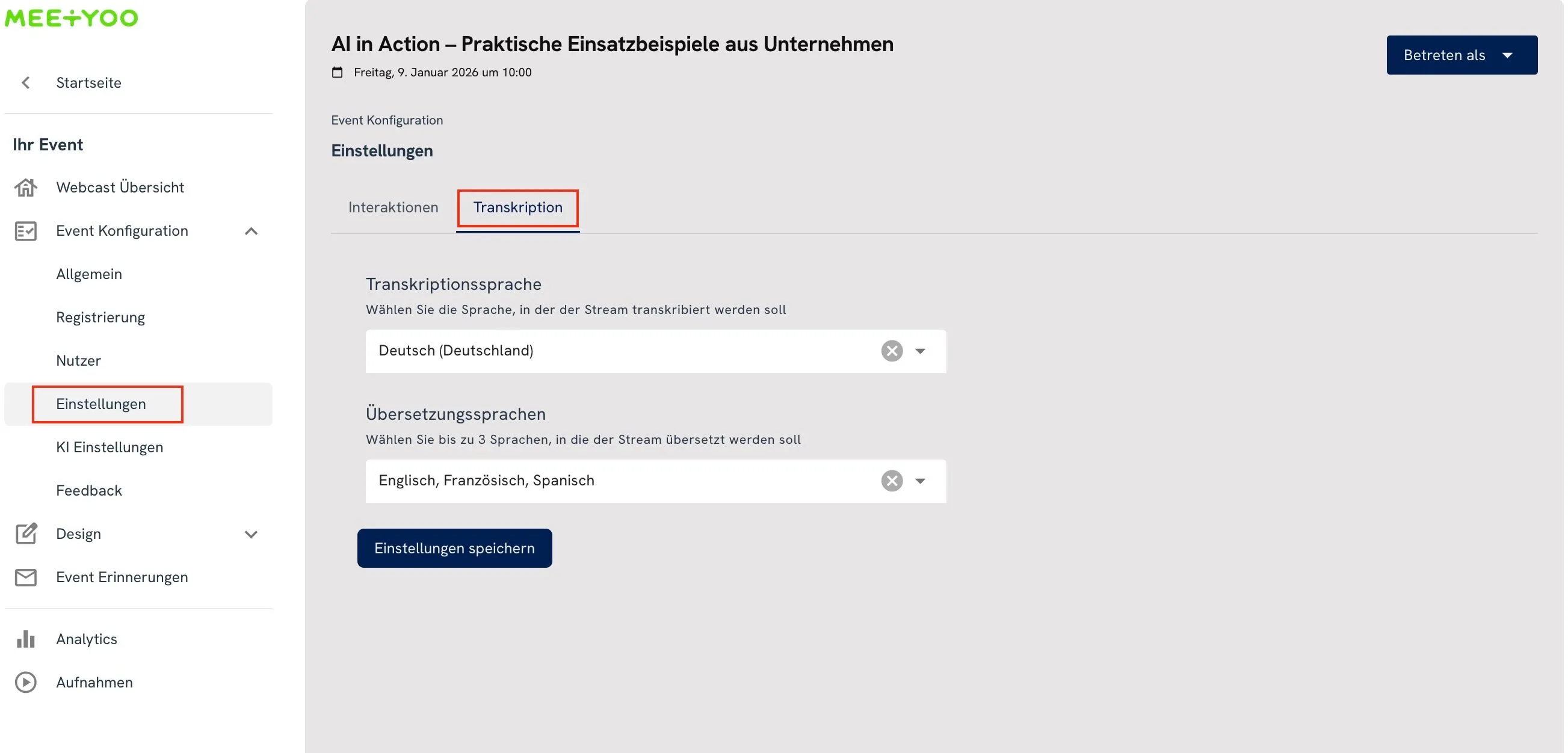 Screenshot of the MEETYOO event configuration interface, showing the transcription settings. Under the 'Transcription' tab, 'German (Germany)' is selected as the transcription language and 'English, French, Spanish' are selected as the translation languages.