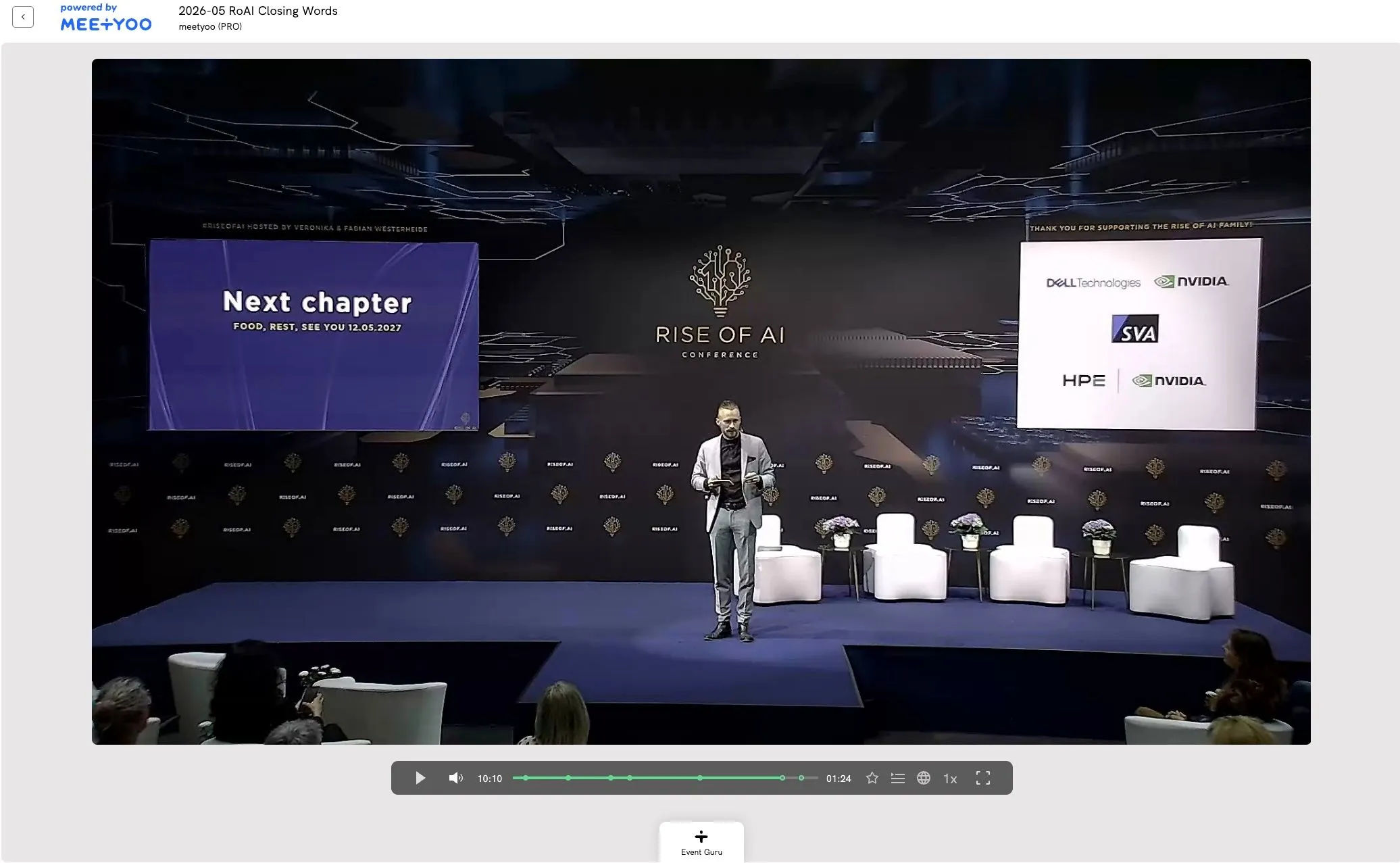 MEETYOO Show on-demand player with the "Event Guru" button at the bottom