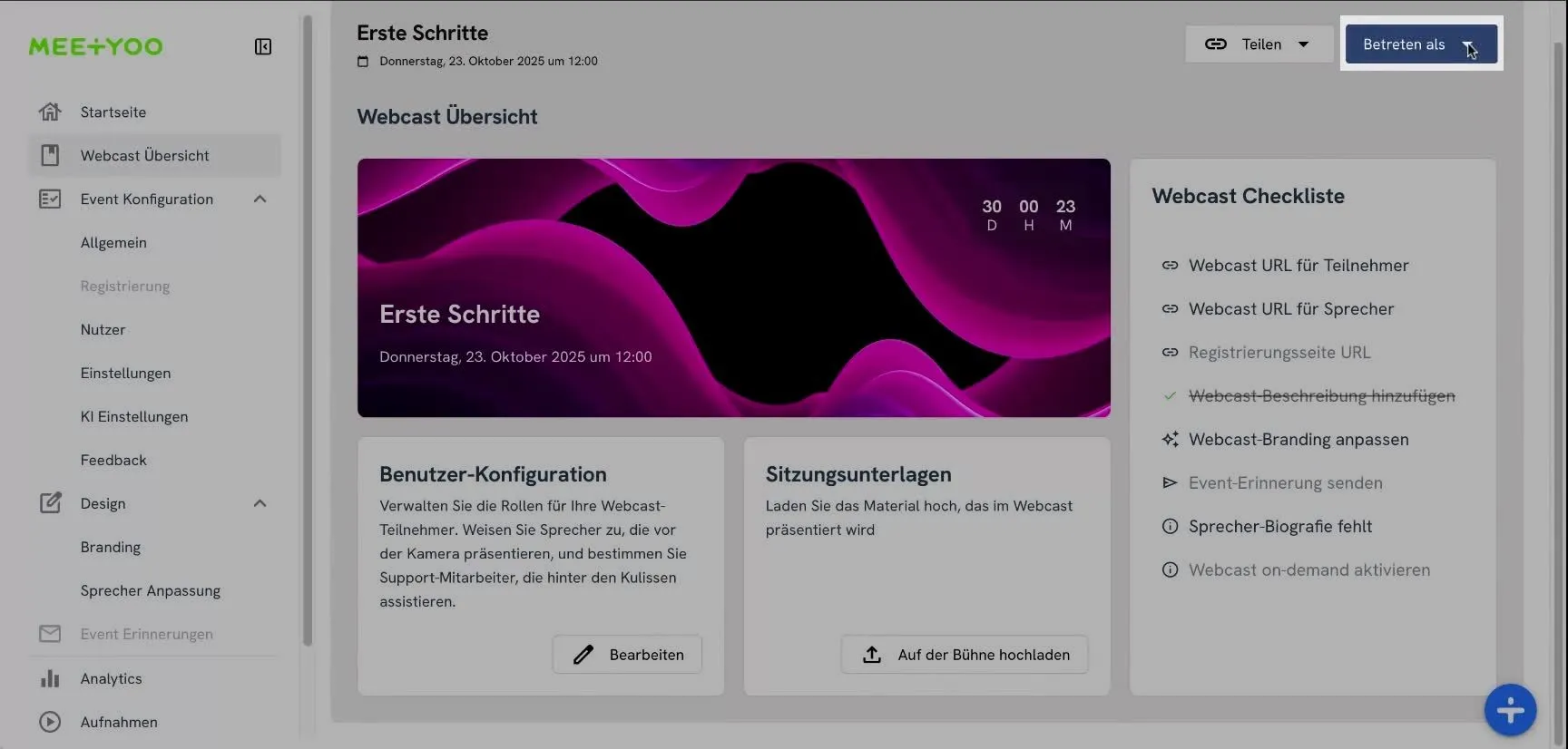 Event als Präsentator betreten Menü in der oberen rechten Ecke