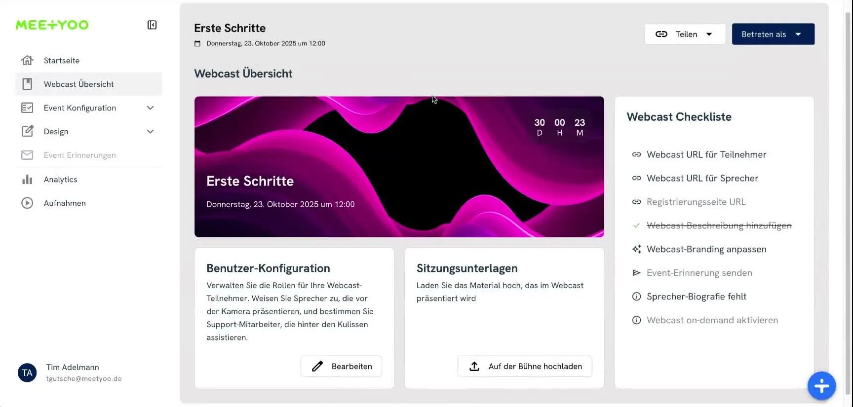 Webcast Übersicht mit allen wichtigen Infos