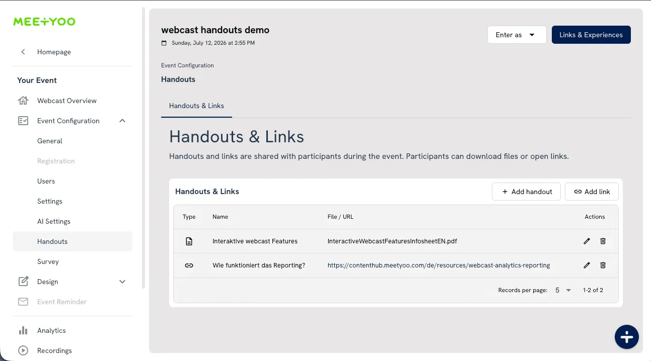 The Handouts feature in MEETYOO Show's event configuration — files and links at a glance