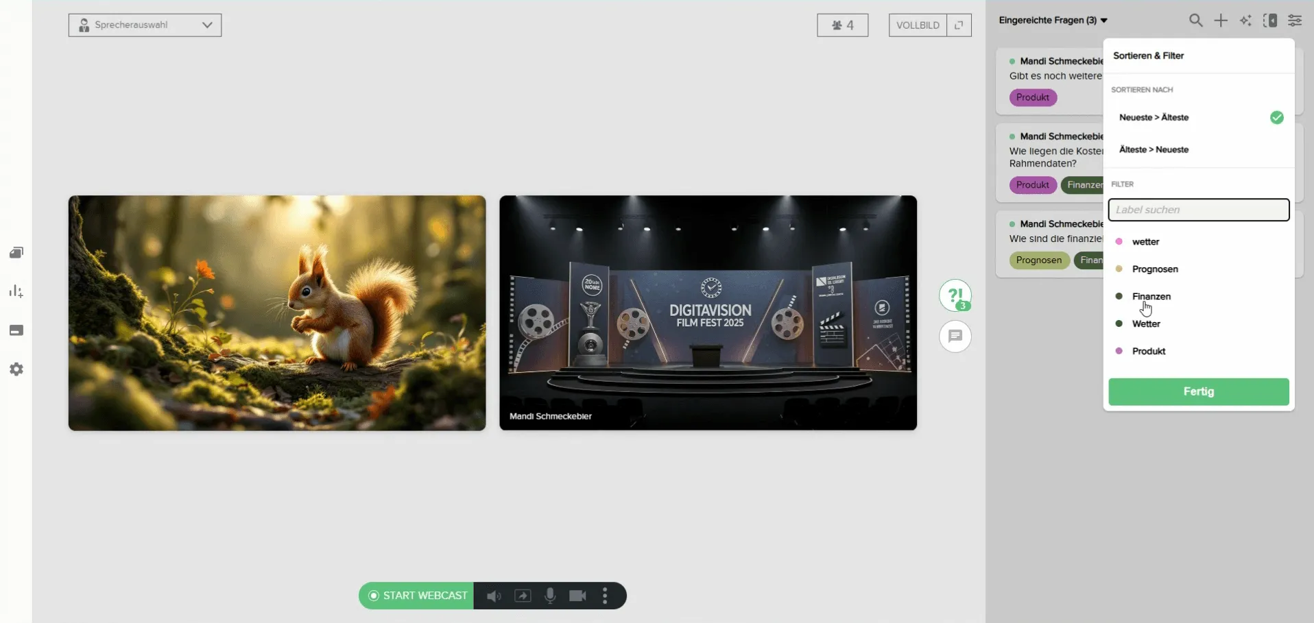 Screenshot of the Filter Menu in the submitted questions. Shows the option to filter by various labels, here "Finance."