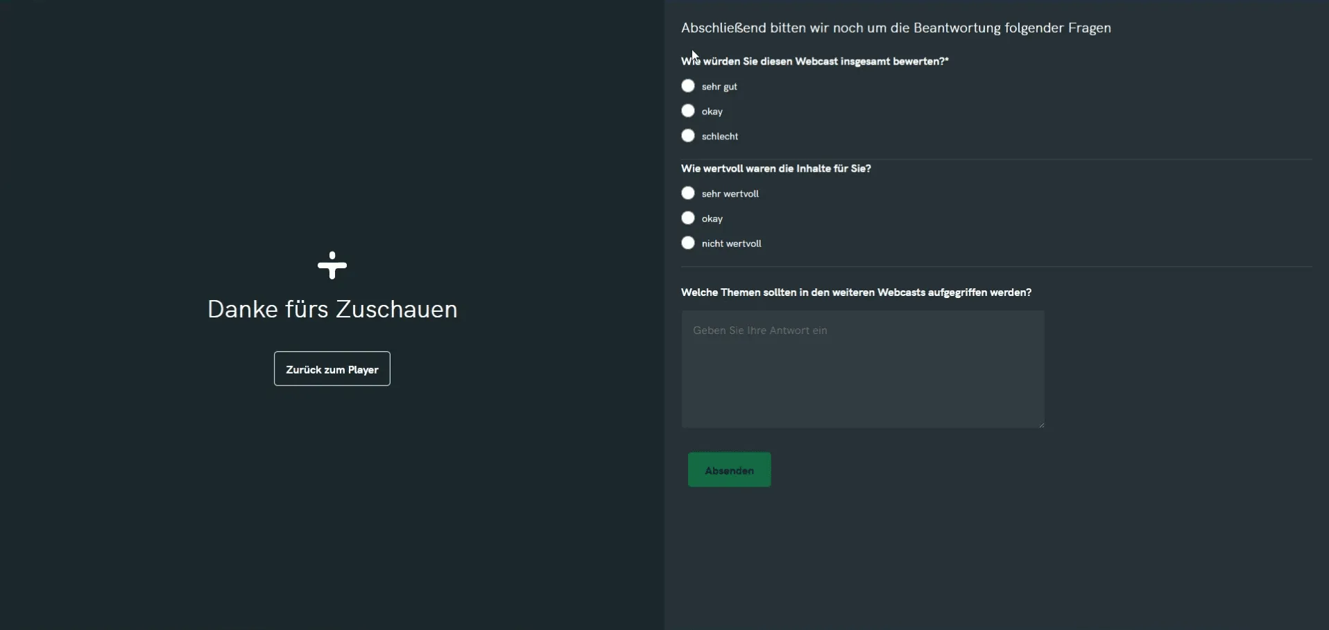 View of the completed feedback survey from the participant's perspective, showing the created questions and the success message.