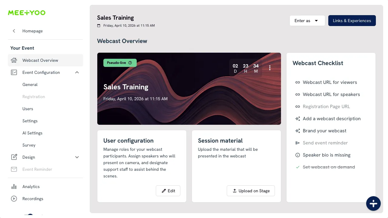 Pseudo-Live mode for product launch webcasts in MEETYOO Show